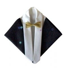 Serviette imitation tissu en forme de veste de costume et noeud papillon pour les messieurs,de chemisier et fleur pour les dames.