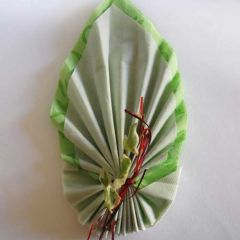 Serviette imitation tissu bicolore pliée en forme de palme et réhaussée d'un raffia rouge et de  petits végétaux.